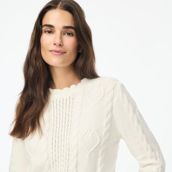 J. Crew Cable-Knit Hearts Crewneck Pullover Sweater Long Sleeve Ivory Small NWT - Picture 3 of 12